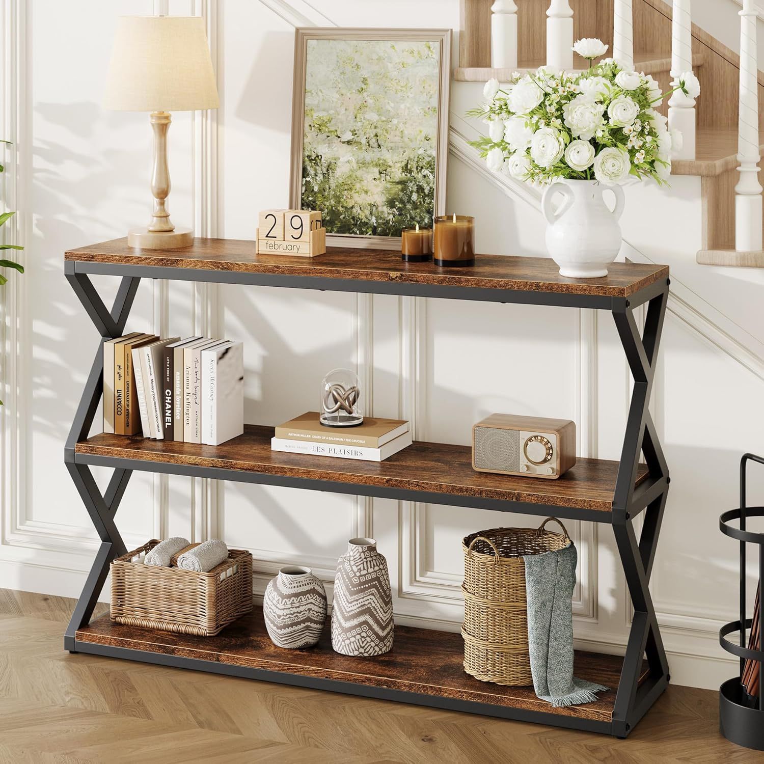 47.2 Inch Rustic Console Table, Industrial Entryway Table with 3-Tier Shelves - Long Hallway Sofa Table, TV Stand & Media Center for Living Room, Vint