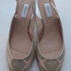 L.K. Bennett Ava metallic floral slingback pointed toe heels, size 9.    