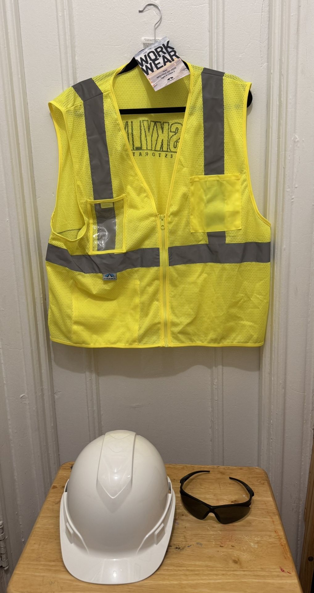 Pyramid Safety Vest and Pyramex hard hat set with shades