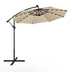 Yaheetech 10FT Solar Offset Umbrella with 32 LED Lights Cantilever Hanging Outdoor Umbrellas Handy Crank & Cross Base for Lawn/Deck/Backyard/Pool Tan