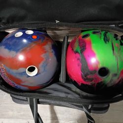 3 Storm bowling balls, 2 ball bag and 10.5 size Brunswick bowling shoes.