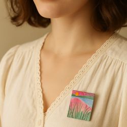 Vintage 1990s Hand-Painted Landscape Pin Cattails Sunset, 1x1.25”