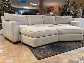 Beige Upholstered Curved Sectional w/ 2 Rolling Ottomans (Set of 4)
