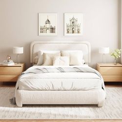 N305-Full Size Boucle Bed Frame, Cloud Upholstered Platform Bed with Height Adjustable Headboard & Soft Rounded Corners, No Box Spring Needed, Noise F