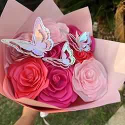 8 Mixed Colors Pink Ribbon  Rose Bouquet With Butterflies 