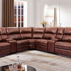 Brand New Brown Faux Leather Power Sectional Sofa w/Cup Holders & USB Port