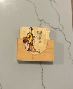 Vintage Chinese Bamboo Coaster Set with Holder