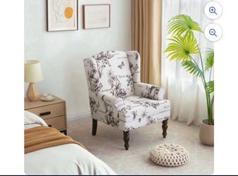 Wingback Accent Chair, Upholstered Mid Century Modern Armchair with Solid Wood Legs, Fabric Linen Leisure Single Sofa Chair for Living Room, Bedroom,