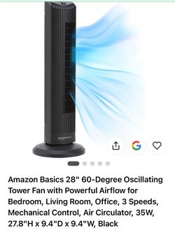 Amazon Basics 28" 60-Degree Oscillating Tower Fan with Powerful Airflow