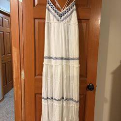 White Maxi Dress With Blue Embroidery