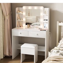 White Vanity Desk with LED Mirror, Adjustable Lighting & Power Outlets for Bedroom