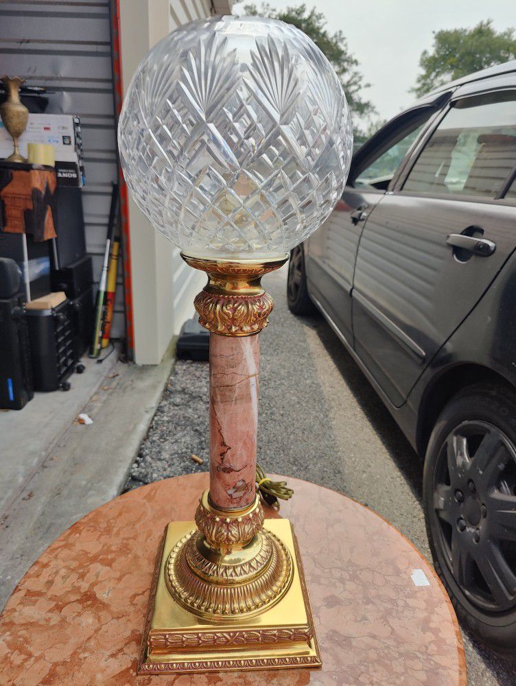 Mid  20 Th Century Torch Brass Cristal Cut Brass  Lamp And A Vintage Marble Table 