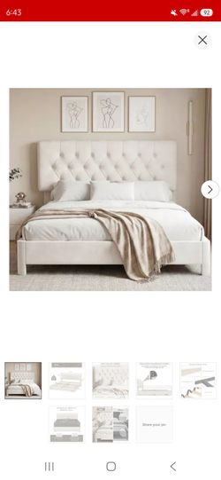 Vipbear King Bed Frame,Velvet Upholstered Platform Bed with Button Tufted Adjustable Headboard,Noise Free Easy Assembly,No Box Spring Needed Beige