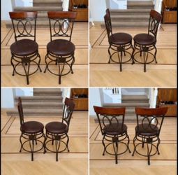 Pair of Heavy Bernhardt Swivel Counter Chairs – Wood, Metal and Upholstered Seats