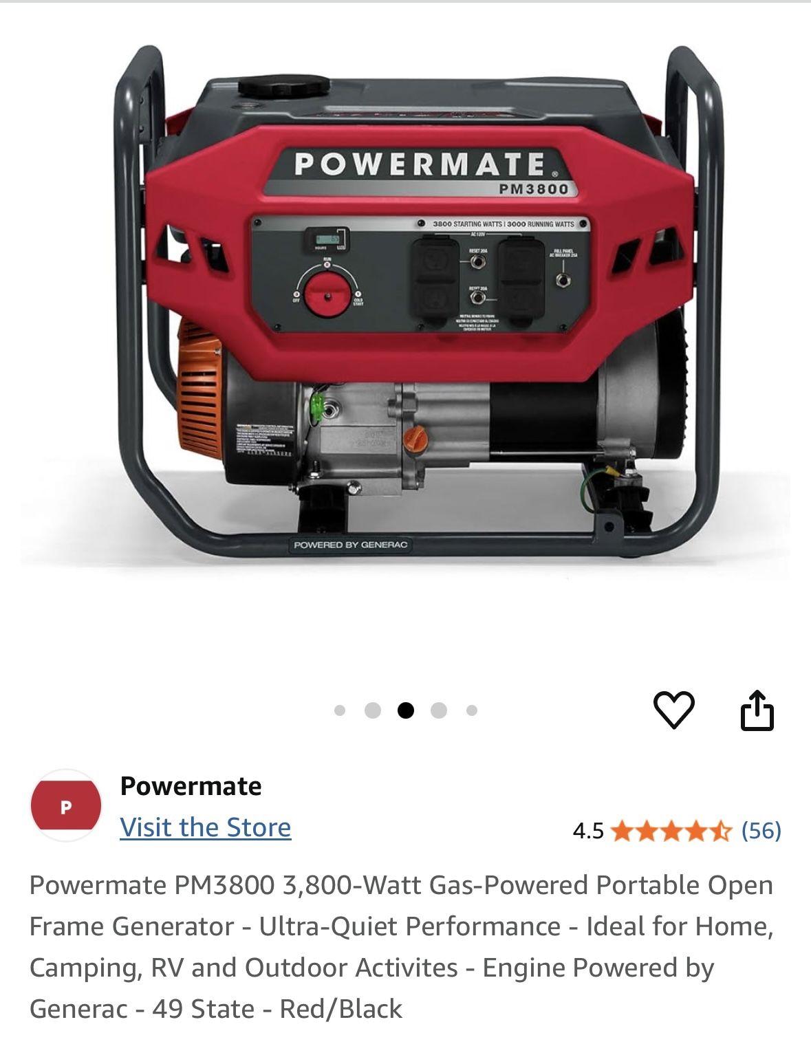 Powermate PM3800 3,800-Watt Gas-Powered Portable Open Frame Generator
