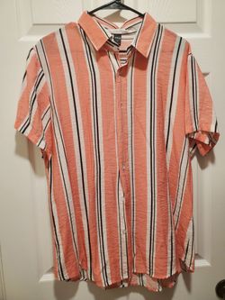 SHEIN Men's short sleeve Button Up Shirt with vertical stripes in pink, white, and black
 Size Large