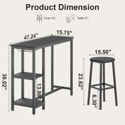Table for 2 with 2 Storage Shelves & Wine Glass Holder, Dining Table for Small Apartment