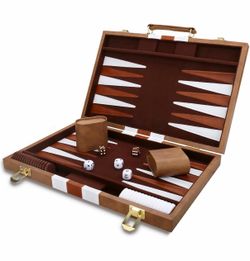 Backgammon Set - Classic Board Game with Premium Leather Case - Portable Travel Strategy Backgammon Game Set for Adults, Kids (15inch, Khaki)