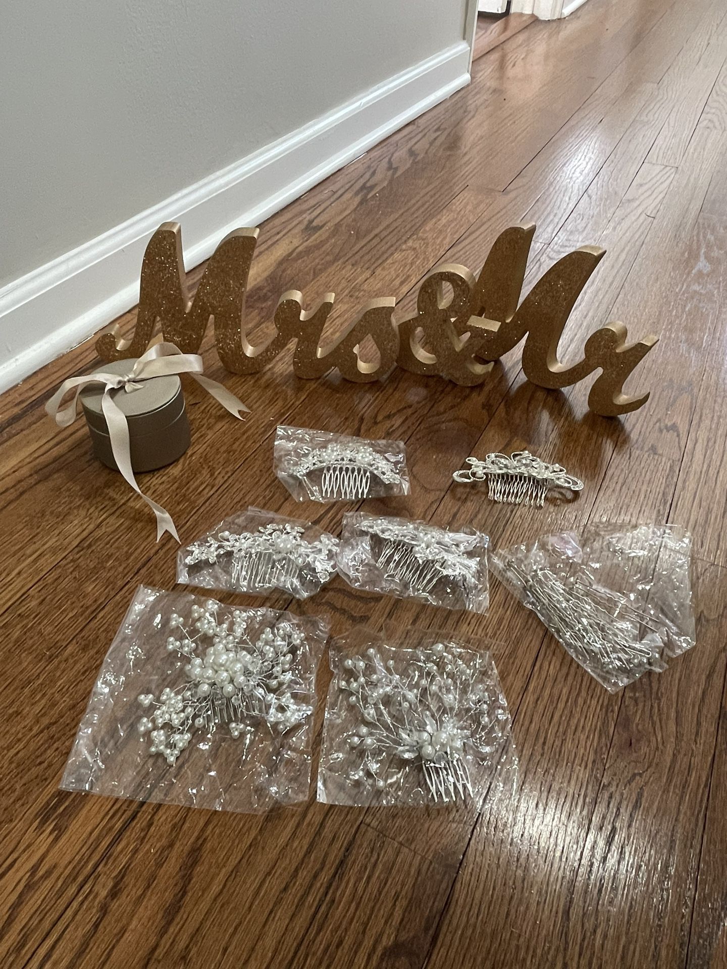 Assorted Wedding Items (Hair Clips, Ring Holder, Wedding Sign)
