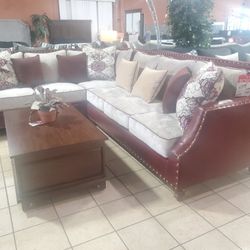 Custom Sectional With Real Leather And Fabric 