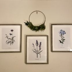 Botanical Wall Art Set Of 3 + Faux Plant Wreath 