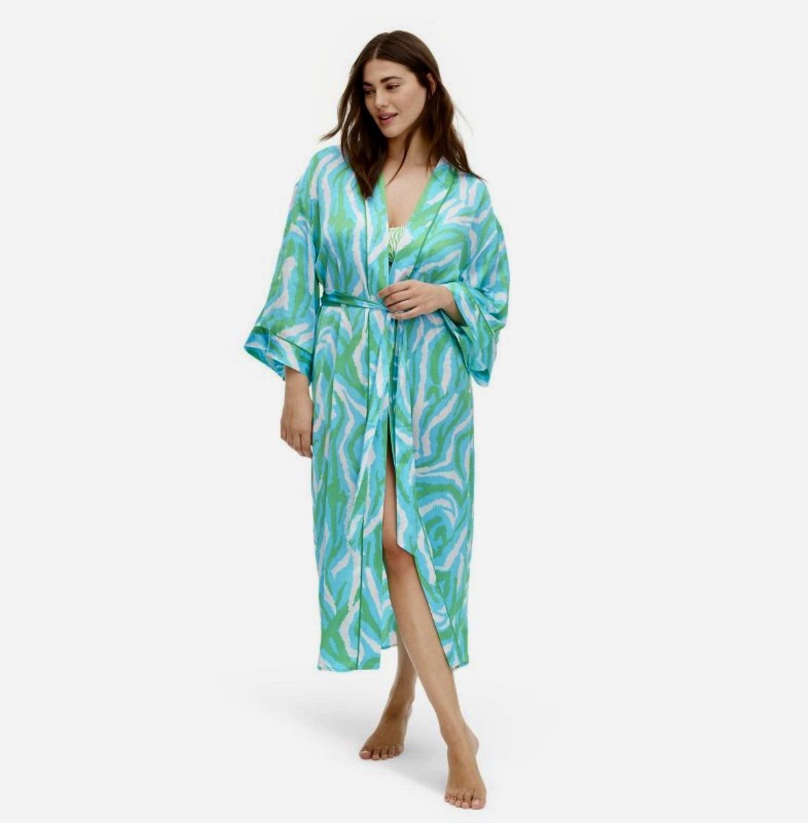 Women's Long Satin Disco Zebra Green Robe - DVF Sz M Diane Von Furstenberg New