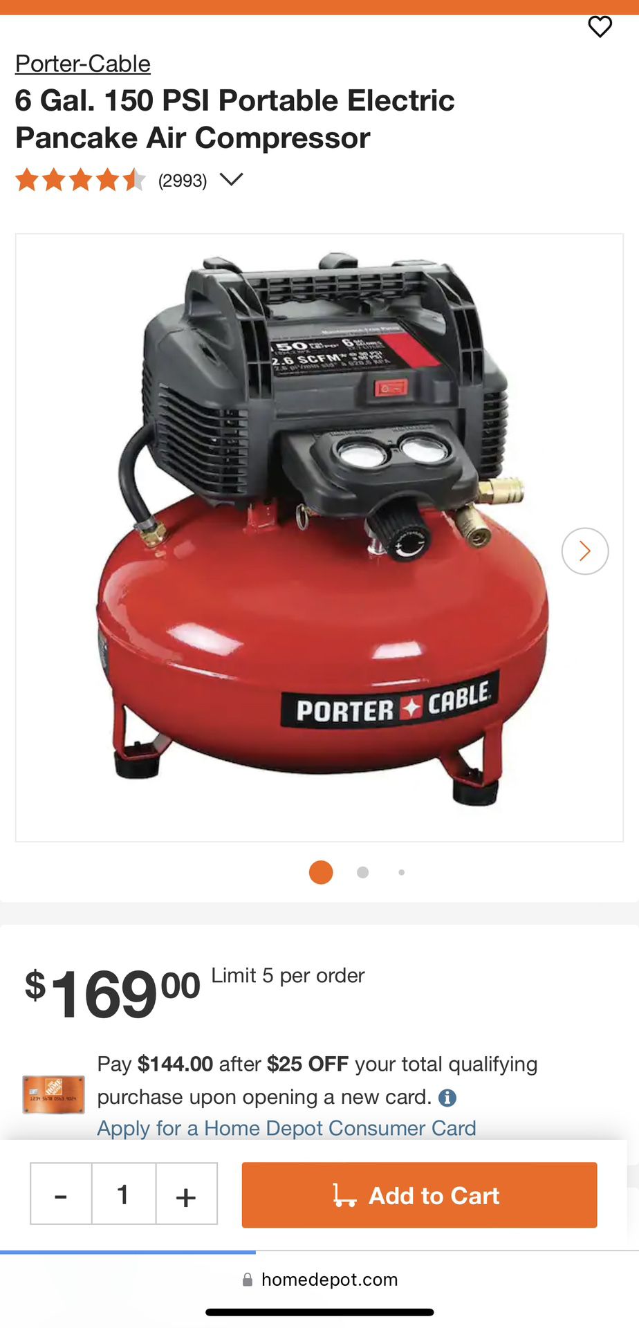 PORTER-CABLE Air Compressor, 6-Gallon, Pancake, Oil-Free 