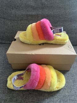 UGG Fluff Yeah Slide Yellow Rainbow' SZ. 6