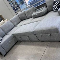✅️✅️4 pc Grey boucle fabric sectional sofa with storage chaise and love seat and pop up sleep area in center drop down tray tables✅️✅️✅️