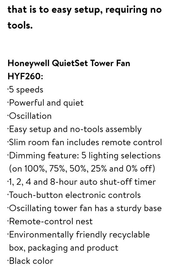 Fan"5 Speed Oscillating"  Honeywell Quiet Set Tower