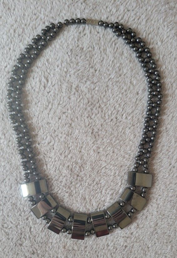 Hematite Black Flat Beaded Necklace, 16-17 Inch.
