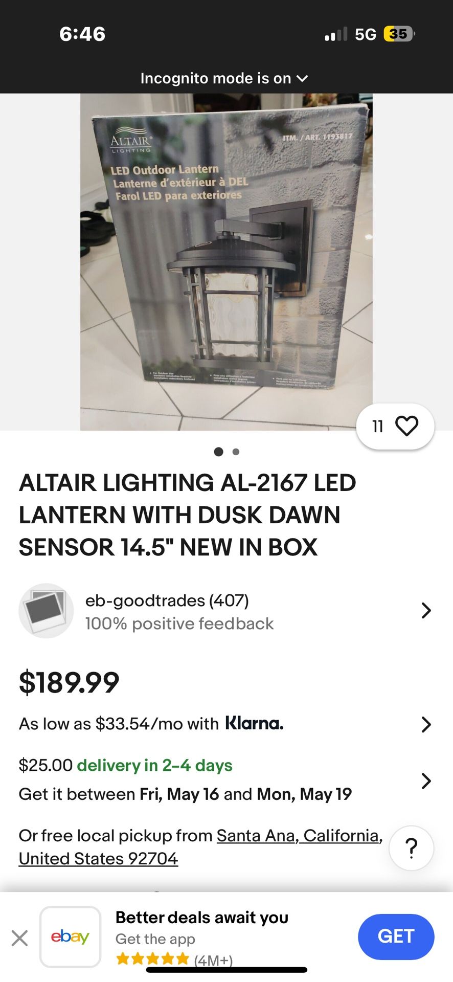 Altair LED Lighting Lantern With Sensor - New