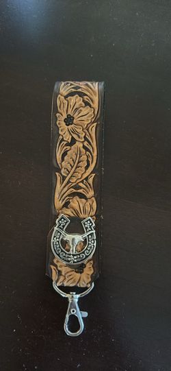 Hand-Tooled Leather Western Keychain with Longhorn Concho