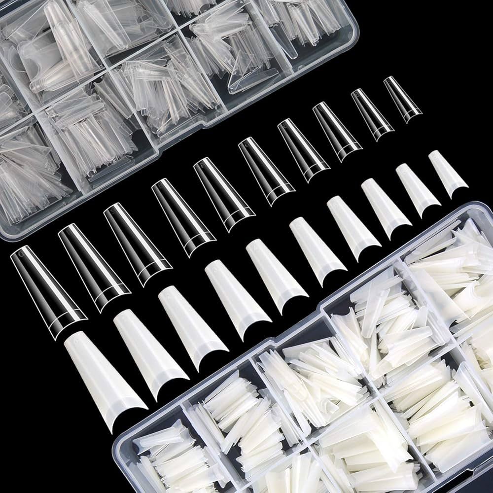 1000 PCS French Coffin Ballerina Nail Tips Acrylic Nails Artificial Half False Flake Nail Tips 10 sizes with Clear Plastic Cases for Nail Salon Nail S