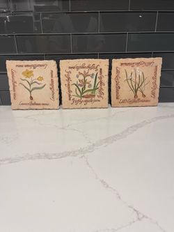 Set of 3 Botanical Stone Tile Wall Plaques