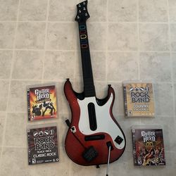 PS3 Guitar Hero 5  Wireless Cherry Red Guitar Bundle w/ 4 Games & Dongle Lot
