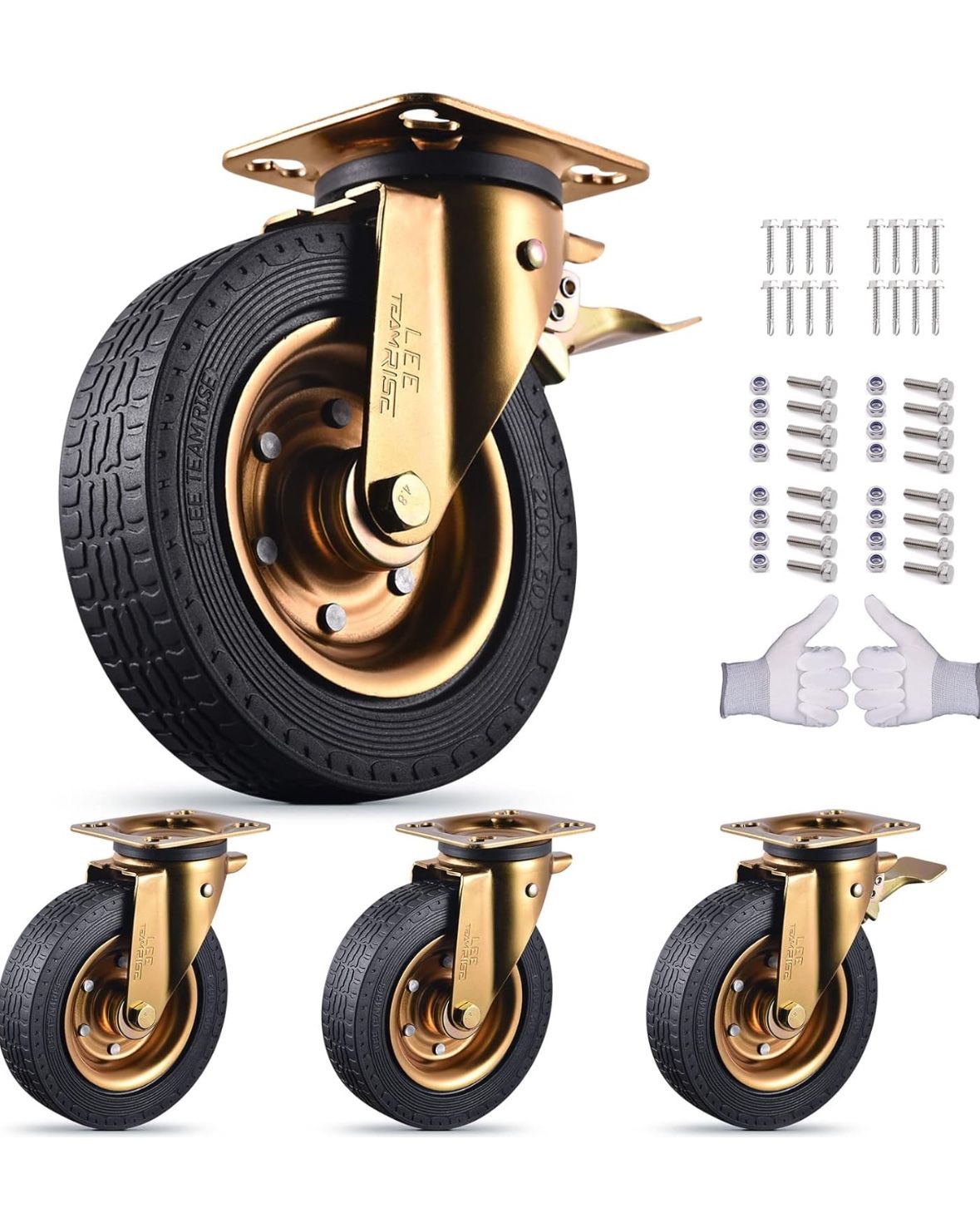 Casters Set of 4 Heavy Duty 8 Inch Plate Swivel Industrial Solid Rubber Caster Wheels for Furniture Cart Workbench Outdoor Castors Dual Locking Replac
