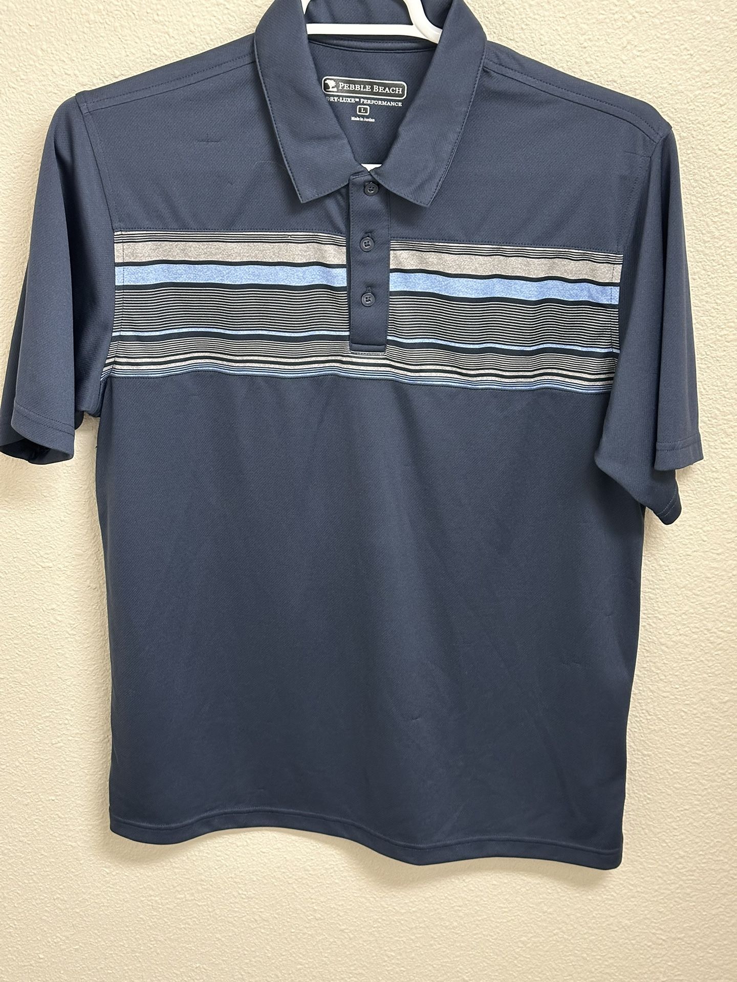 Pebble Beach Men’s Dry Luxe Performance Golf Polo Shirt Blue Striped Size L
