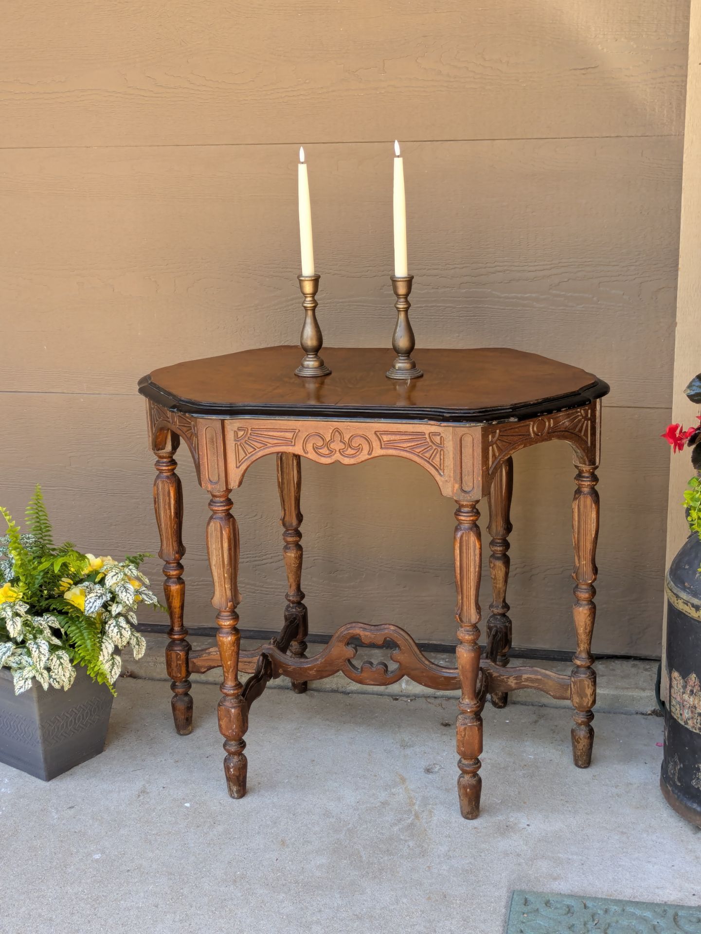 Antique Edwardian Carved Walnut 6 Leg Accent Table