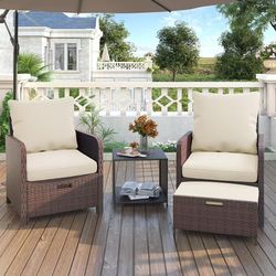 ❤️‍🔥 Wicker Patio Furniture Chair with Hiddern Ottoman for Balcony, 5 Piece Patio Conversation Set with Side Table for Front Porch Deck$140