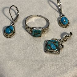 Sterling Silver Genuine Blue Tourquise Set. Pendant, Earrings, And Ring, Size 8. Very Nice Set. Brand New. Never Worn. 