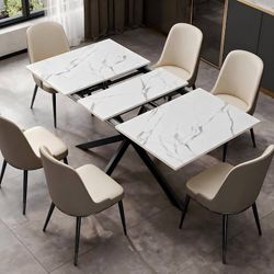 Extendable dining table from 63 to 78.7 inches, synthetic marble tabletop Waterproof and scratch-resistant kitchen table, modern design with removable