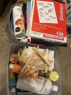 Assorted art supplies & blank canvasses