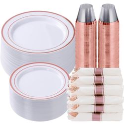 350 Piece Rose Gold Plastic Dinnerware Set for 50 Guests, Fancy Disposable Plates for Party, Include: 50 Dinner Plates, 50 Dessert Plates, 50 Pre Roll