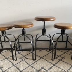 Set Of 4 Round Wood and Metal Adjustable Swivel Stool