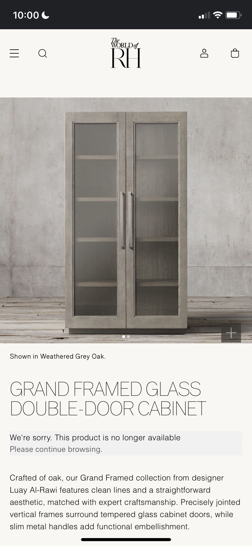 Restoration Hardware 91” Weathered Grey Oak - GRAND FRAMED GLASS DOUBLE-DOOR CABINET