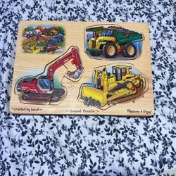 Melissa and Doug crafted by hand sound puzzle excavator bulldozer dump truck