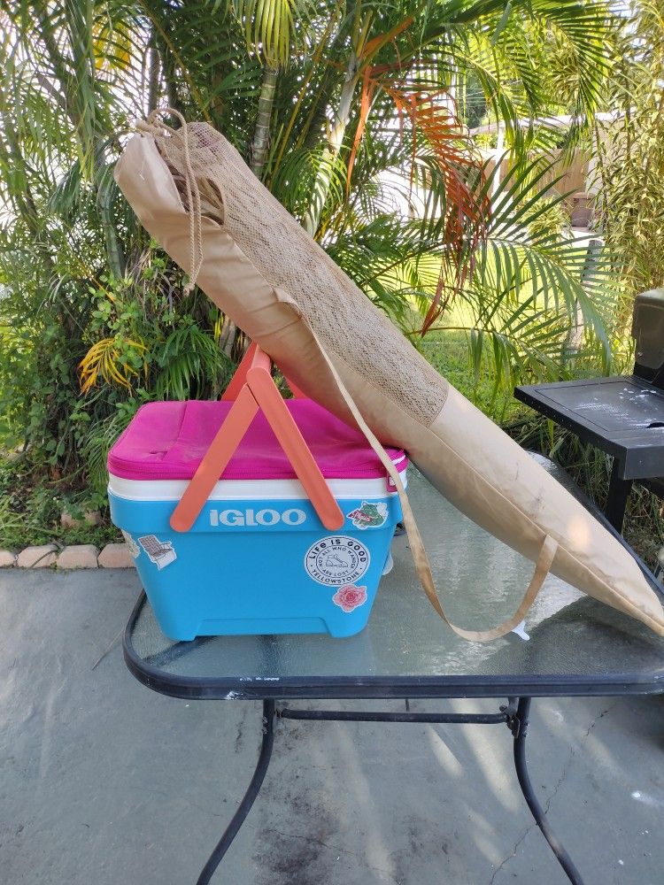 Beach Umbrella And Igloo Cooler