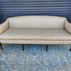 Vitange 20th Century Hickory Chairs Co. Sheraton Mahogany and Maple Inlay Spring Seat Sofa Featuring Curved Arm Fronts.