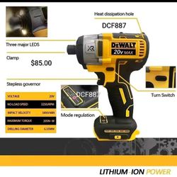 ON SALE. TOOL ONLY. DEWALT DCF887 XR IMPACT DRIVER, 1/4", 20 VOLTS, BRUSH LESS MOTOR, VARIABLE SPEEDS.